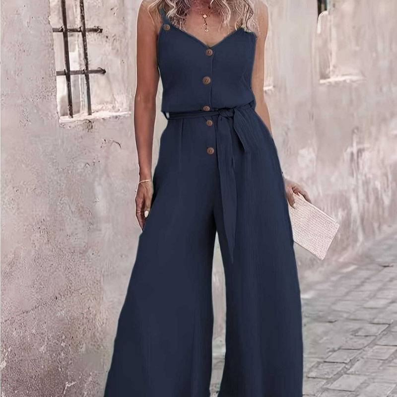 Women's Solid Color Buttons Drawstring Wide Leg Loose Jumpsuit