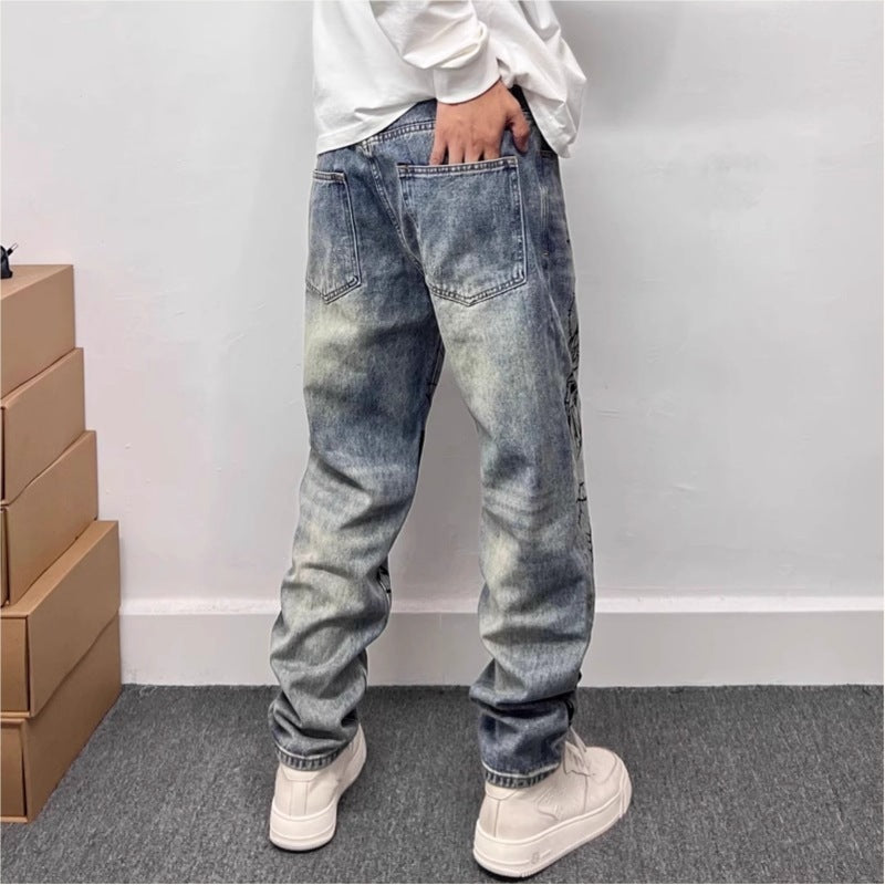 Retro Blue Skinny Jeans High Street Graffiti Printing Loose