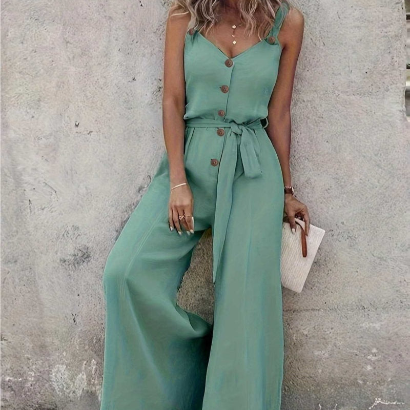 Women's Solid Color Buttons Drawstring Wide Leg Loose Jumpsuit