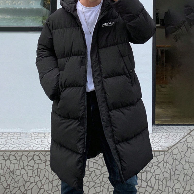 Casual And Comfortable Black Hooded Straight Long Cotton Jacket