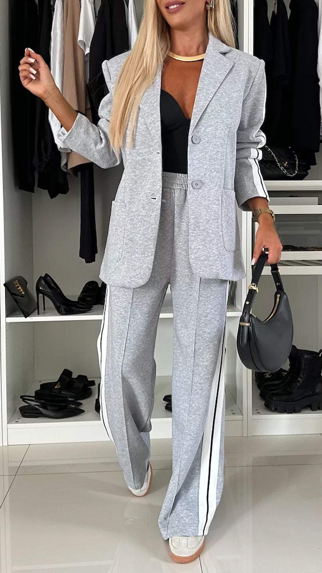 Women's Casual Suit Lapel Single-breasted Jacket And Striped Straight Pants Fashion Sports Trousers Suit Outerwears Clothing