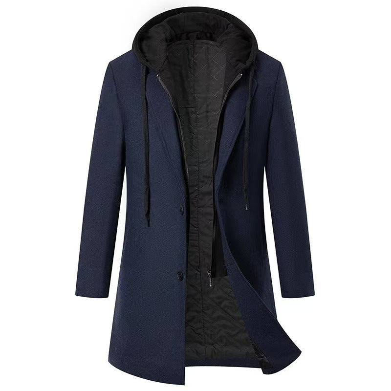 Men's Casual Woolen Coat Mid-length Detachable Hat Jacket