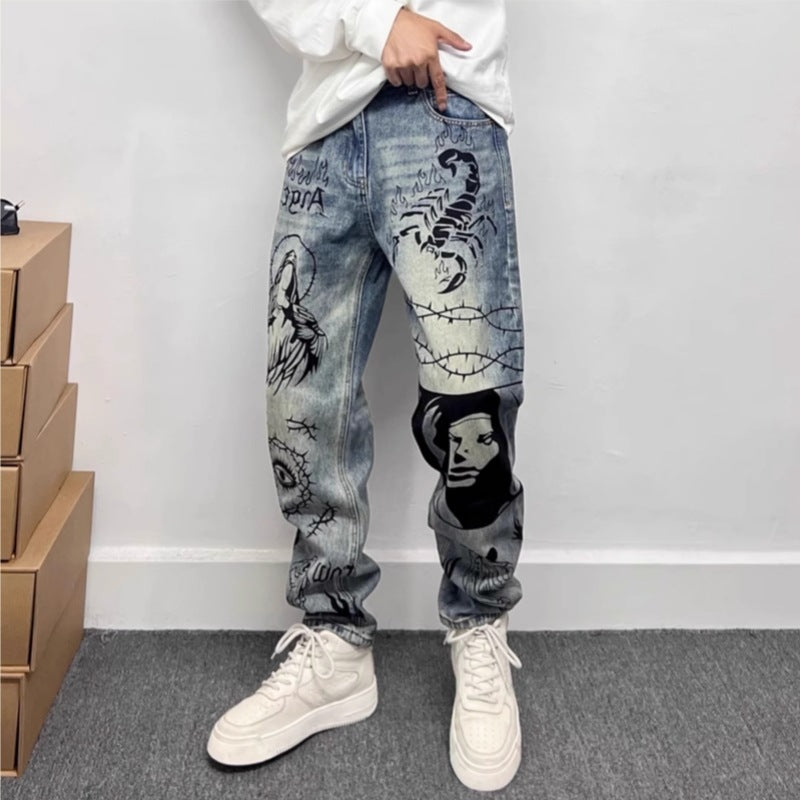 Retro Blue Skinny Jeans High Street Graffiti Printing Loose