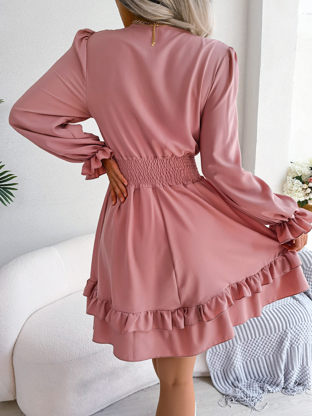 Summer Dresses Solid Color V-neck Long Sleeve Dress For Women Sexy V-neck Lace Up A-line Dress Women's Beach Dress