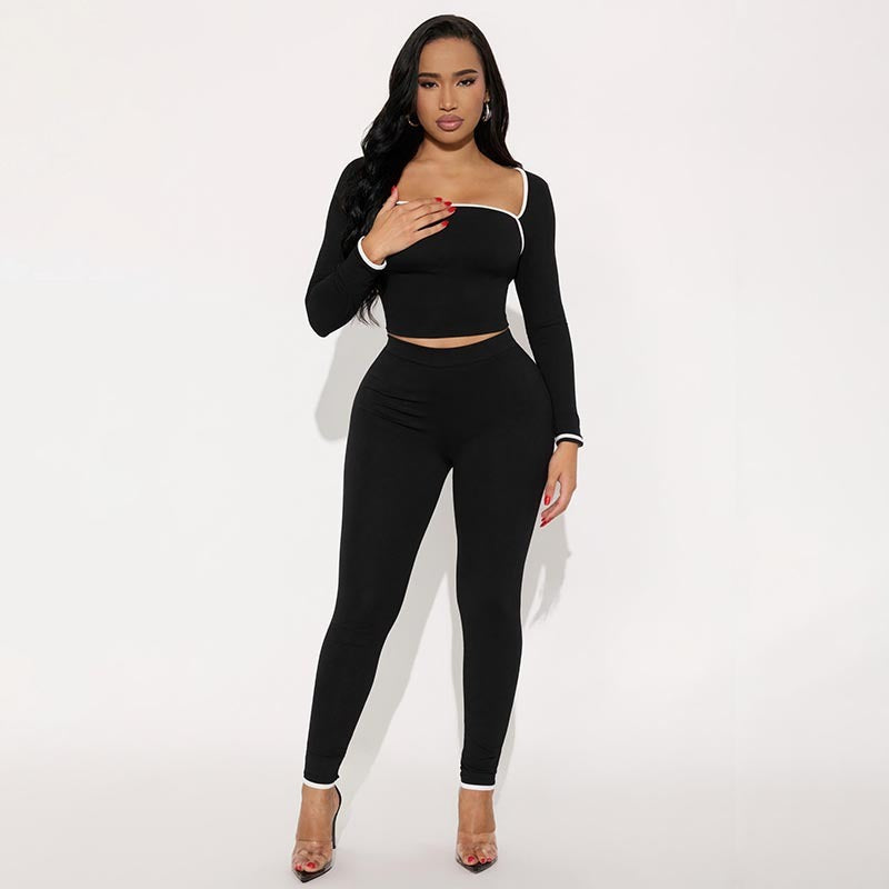 Stitching Color-contrasting Stripe Long Sleeve Top Slim Trousers Suit